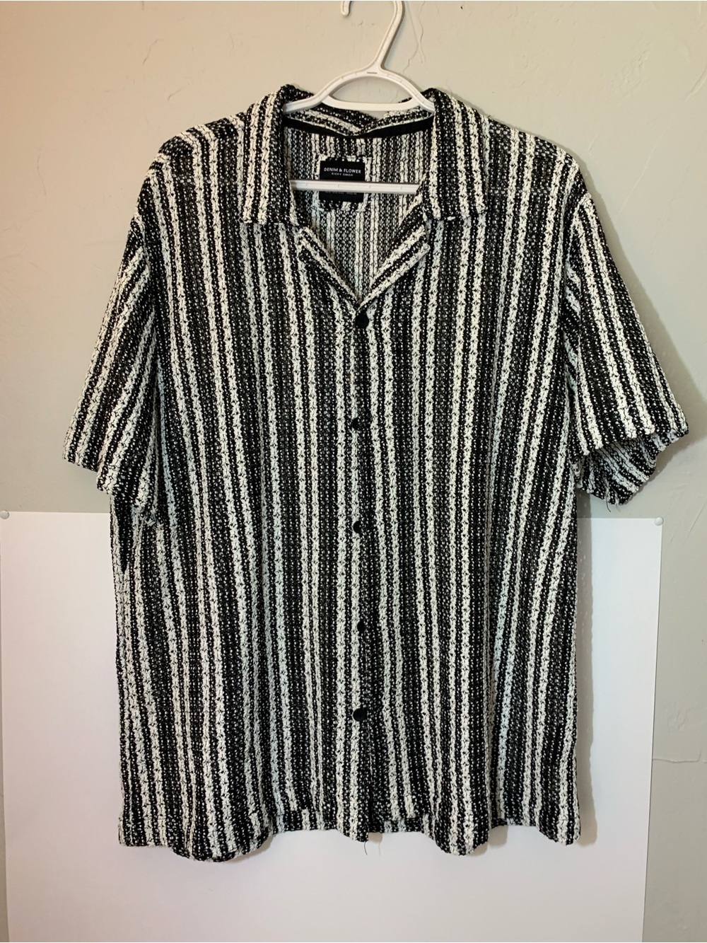 Denim & Flower Black and White Striped Short Sleeve Button-Down Shirt